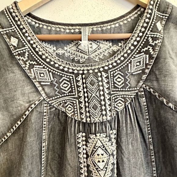 Monoreno Womens Medium Black Chambray Denim‎ Embroidered Lagenlook Dress - Picture 5 of 16